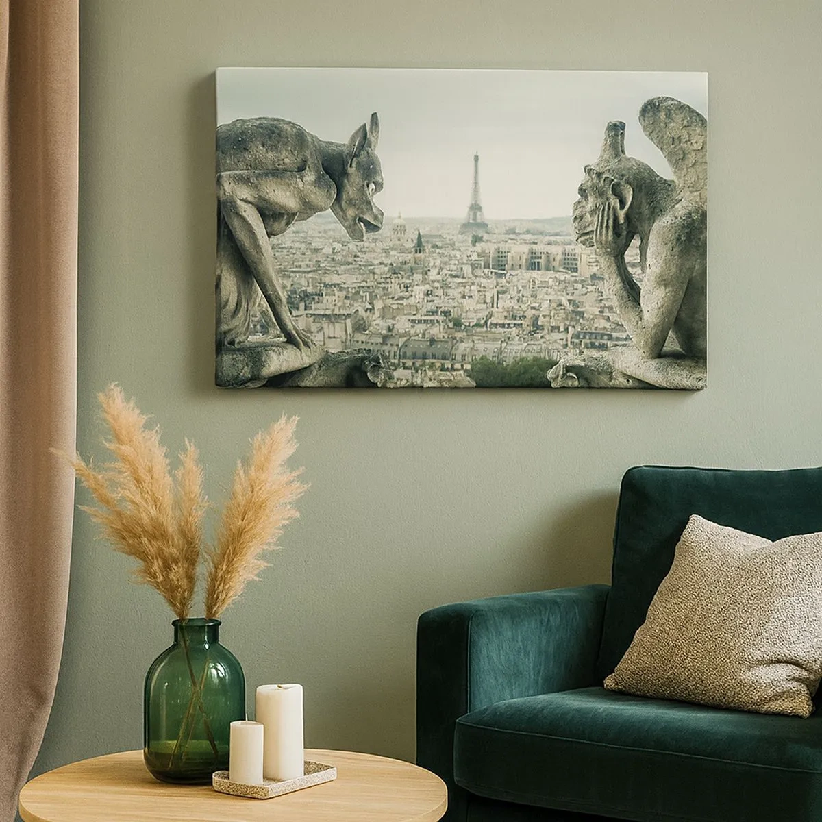 Canvas picture - Gargoyles overlooking the Paris skyline and the Eiffel Tower - 70x50cm - Parisian Talks - Modern wall decoration for the living room and bedroom ARTTOR