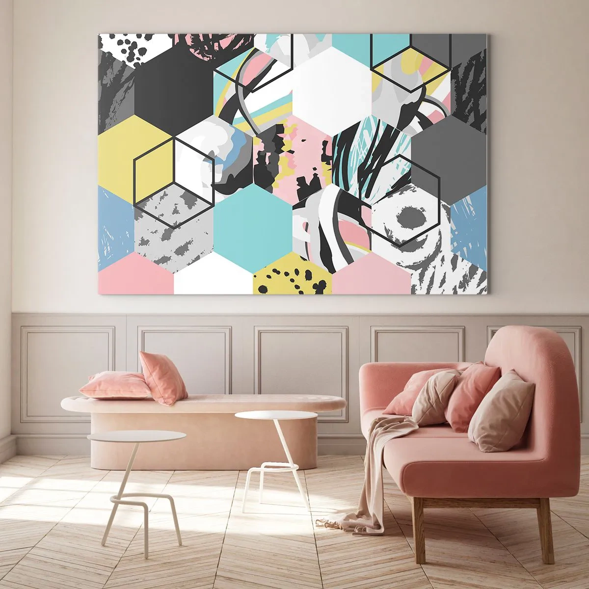 Glass picture - Hexagons and Cubes in Six Colours - 100x70 cm