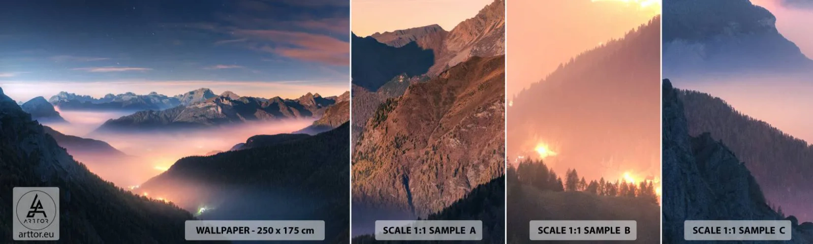 Photo Wallpaper Sample Standard Eco - Light in the Valleys - Landscape, Mountains, Forest - 100x30 cm