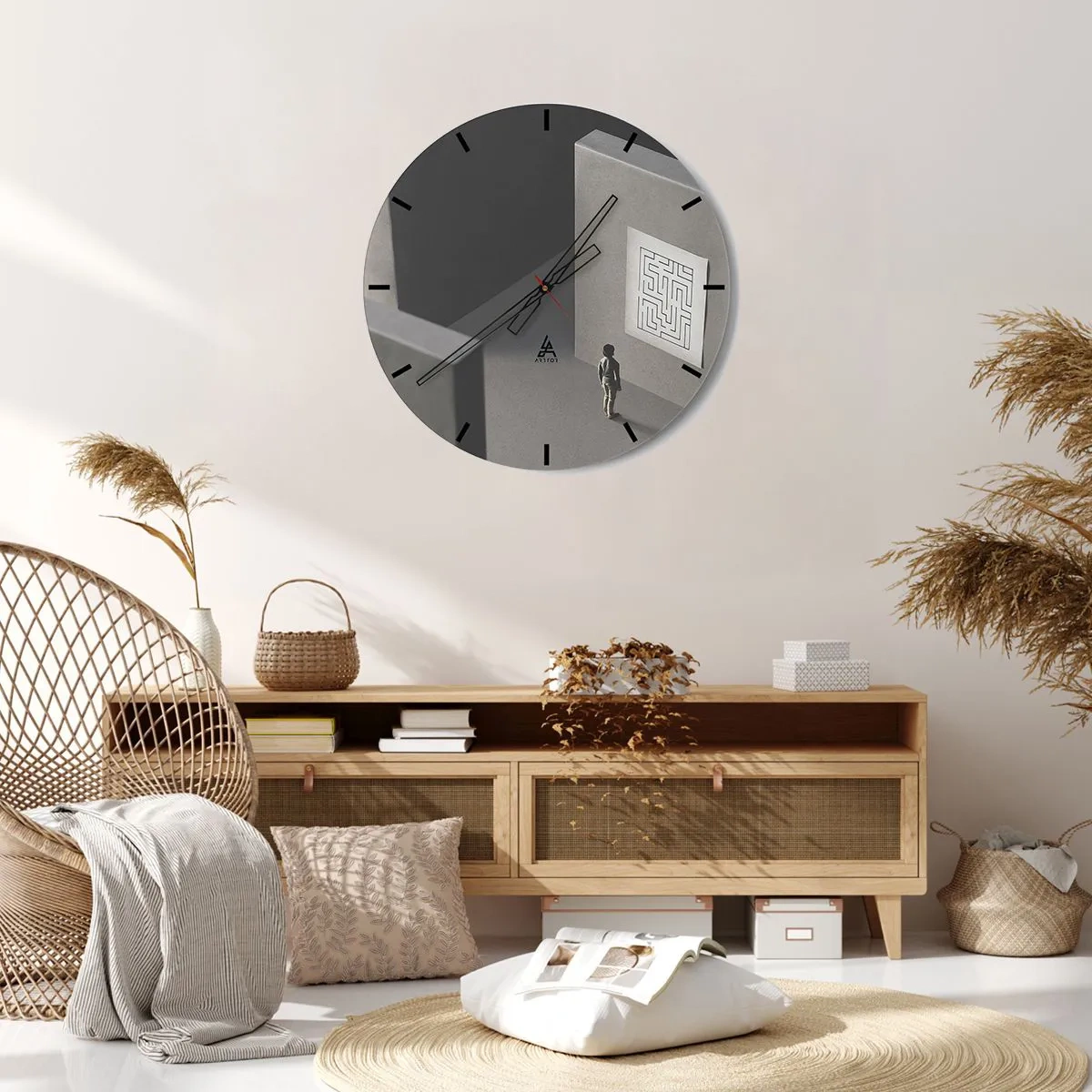 Wall clock - Clock on glass - A figure standing in front of a maze on a gray wall - 30x30cm - But Where Am I? - Modern wall decoration for the living room, kitchen, and bedroom ARTTOR
