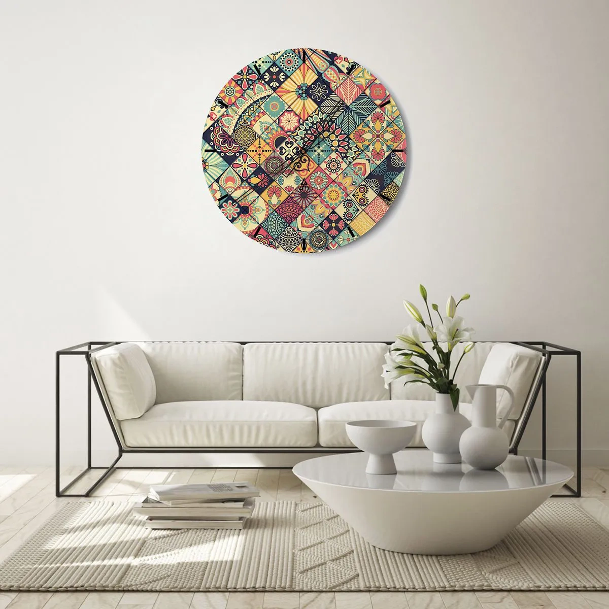 Wall clock - Clock on glass - Colorful patchwork motif with geometric patterns - 30x30cm - Moroccan Style - Modern wall decoration for the living room, kitchen, and bedroom ARTTOR