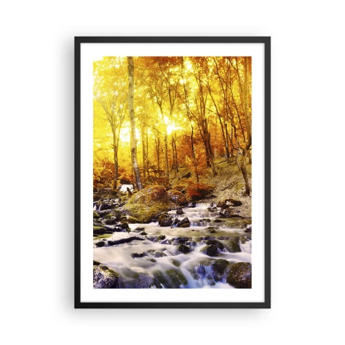 Poster in black frame - Autumn forest with a rushing stream in the light of the setting sun - 50x70cm - Stones Set in Gold and Platinum - Modern wall decoration for the living room and bedroom ARTTOR