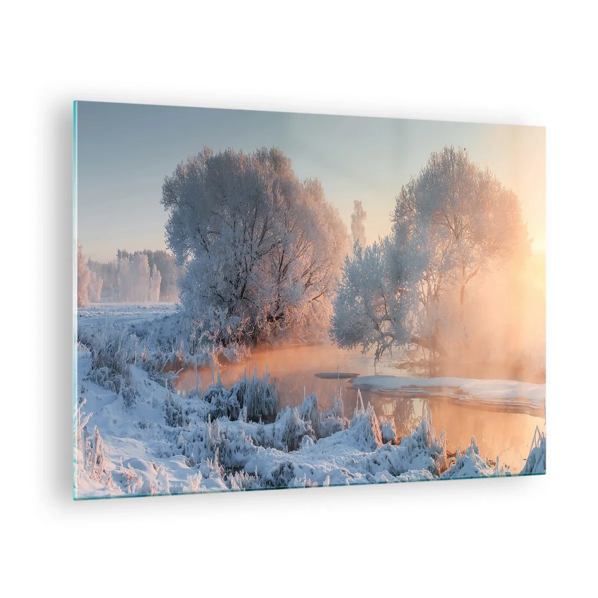 Glass picture - Winter landscape with a frozen lake and morning fog - 70x50cm - Everything Shines in Sunny Crystal - Modern wall decoration for the living room and bedroom ARTTOR