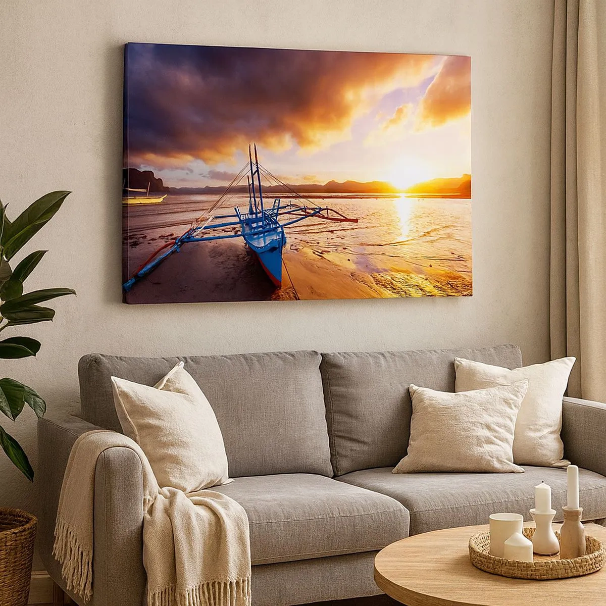 Canvas picture - Blue boat on the beach at sunset - 70x50cm - After a Long Day, Stretching on the Sand - Modern wall decoration for the living room and bedroom ARTTOR