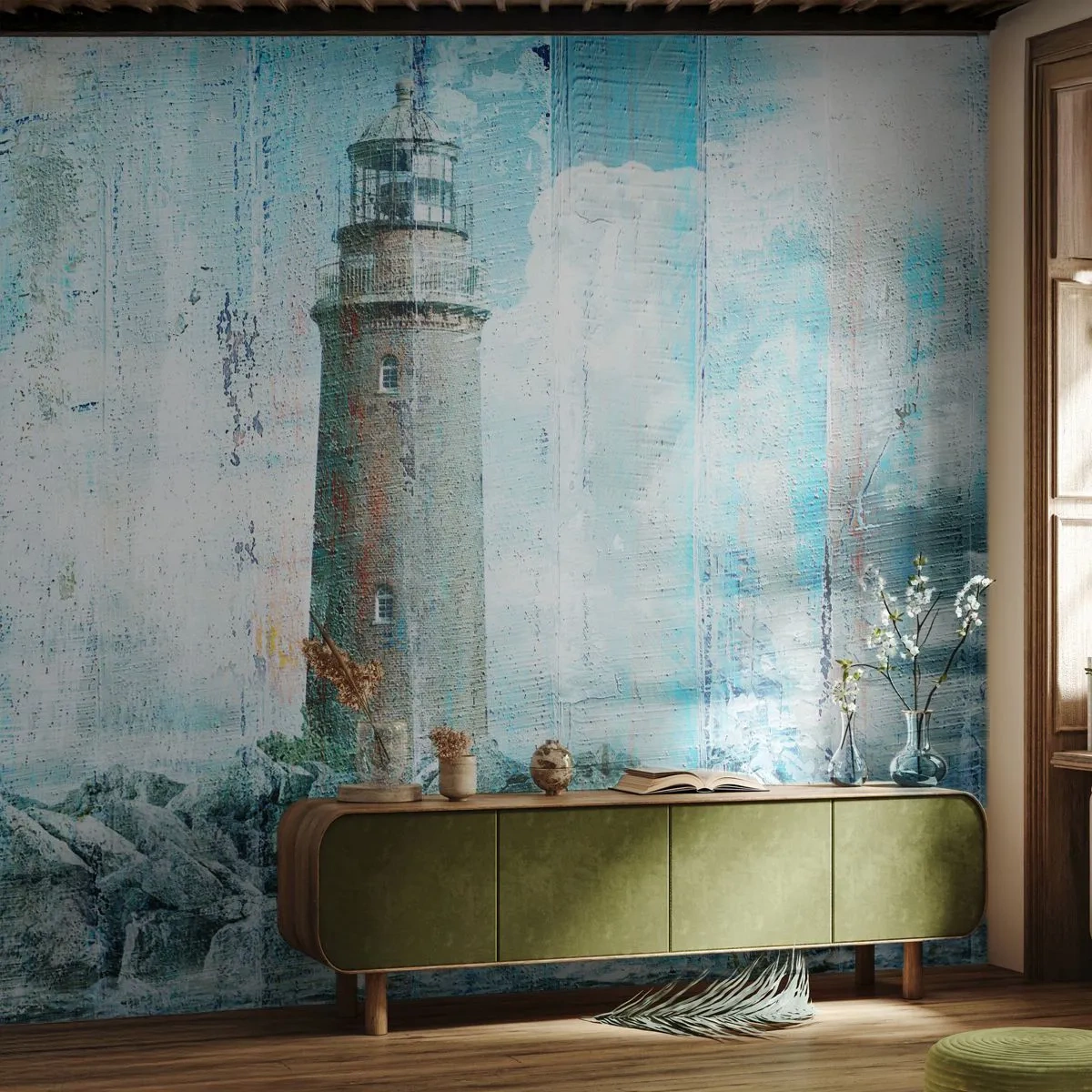 Self-Adhesive Photo Wallpaper Deluxe Sticker - On an Old Piece of Wood - Abstraction, Lighthouse, Sea - 250x175 cm