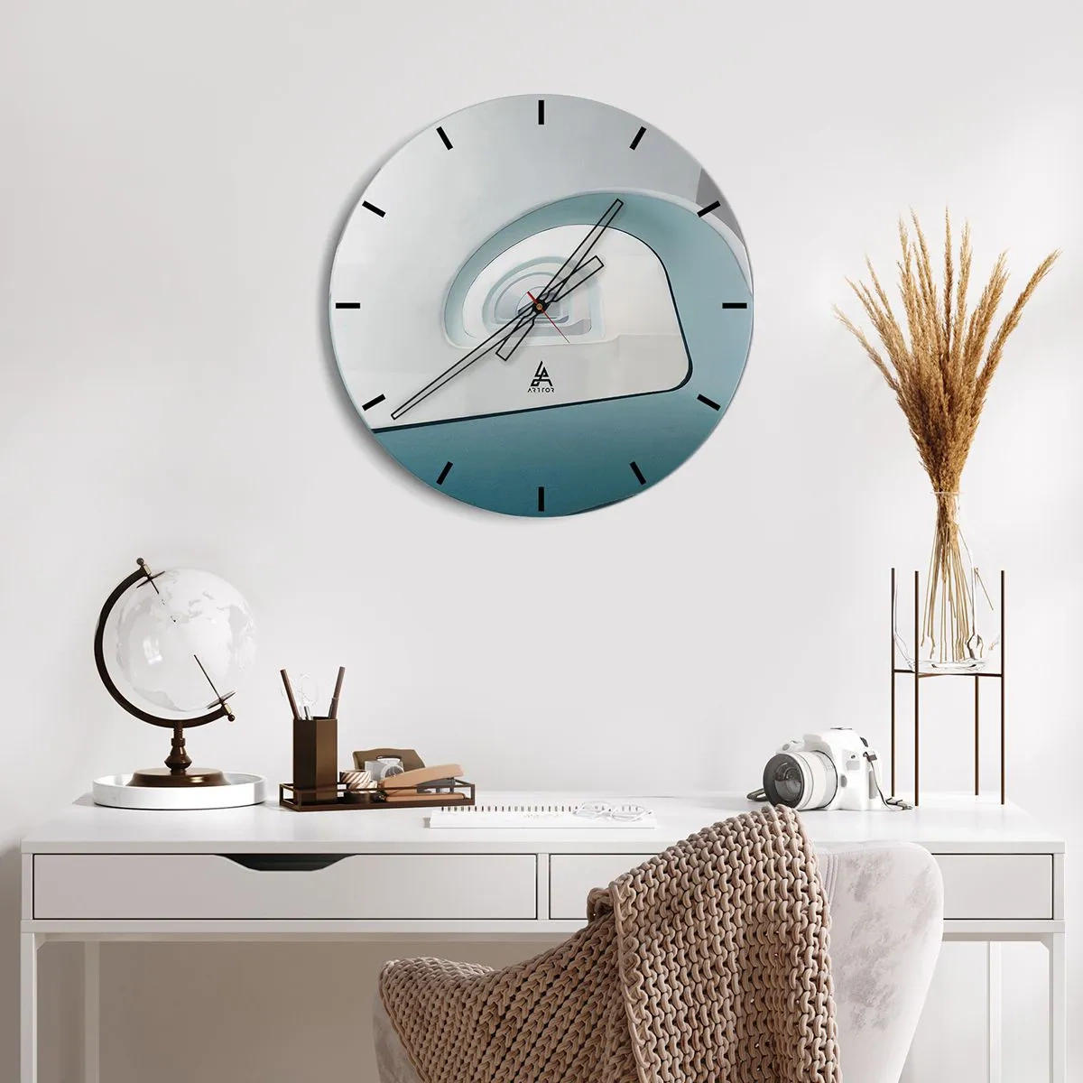 Wall clock - Clock on glass - Modern architecture with a geometric arch in shades of blue - 30x30cm - To the Bottom of Blue - Modern wall decoration for the living room, kitchen, and bedroom ARTTOR