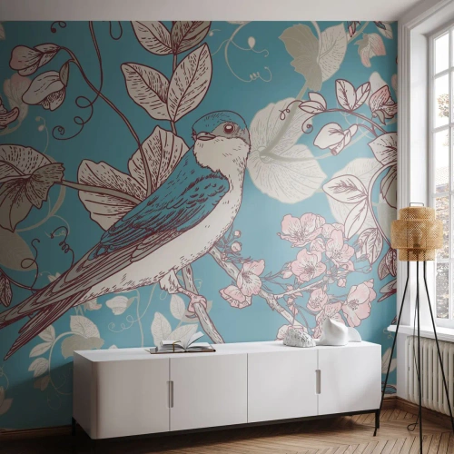 Photo Wallpaper Premium Canvas - In the Whitewood Chirps and Silvery - Abstraction, Swallow, Bird - 100x70 cm