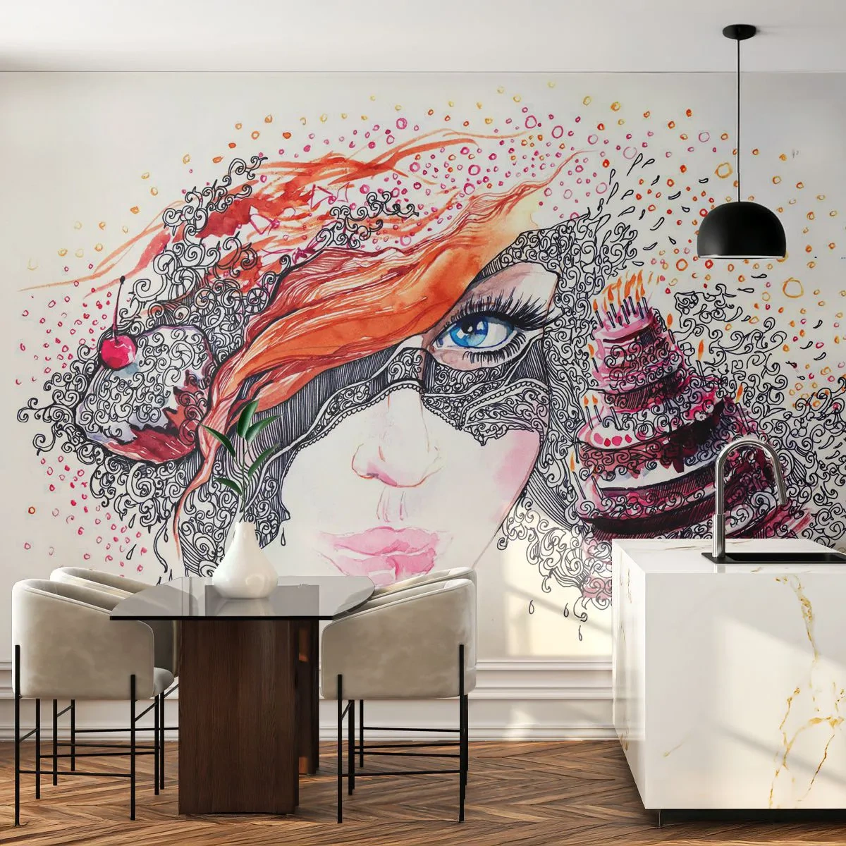 Photo Wallpaper Premium Sand - With Her everyday Is Holiday - Abstraction, Woman's Face, Cake - 200x140 cm