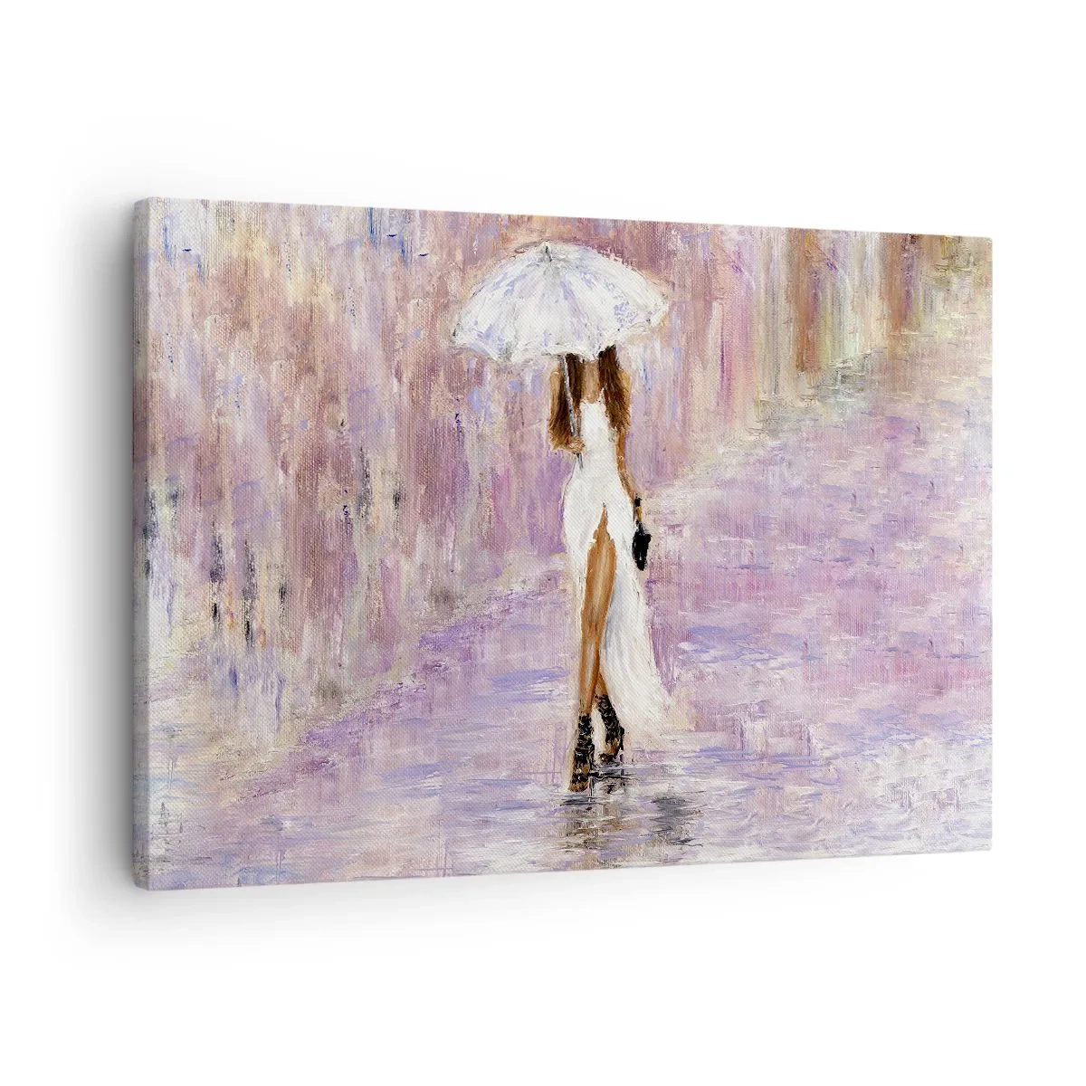 Canvas picture - woman with an umbrella walking in the rain in lilac tones - 70x50cm - In Liliac Rain - Modern wall decoration for the living room and bedroom ARTTOR