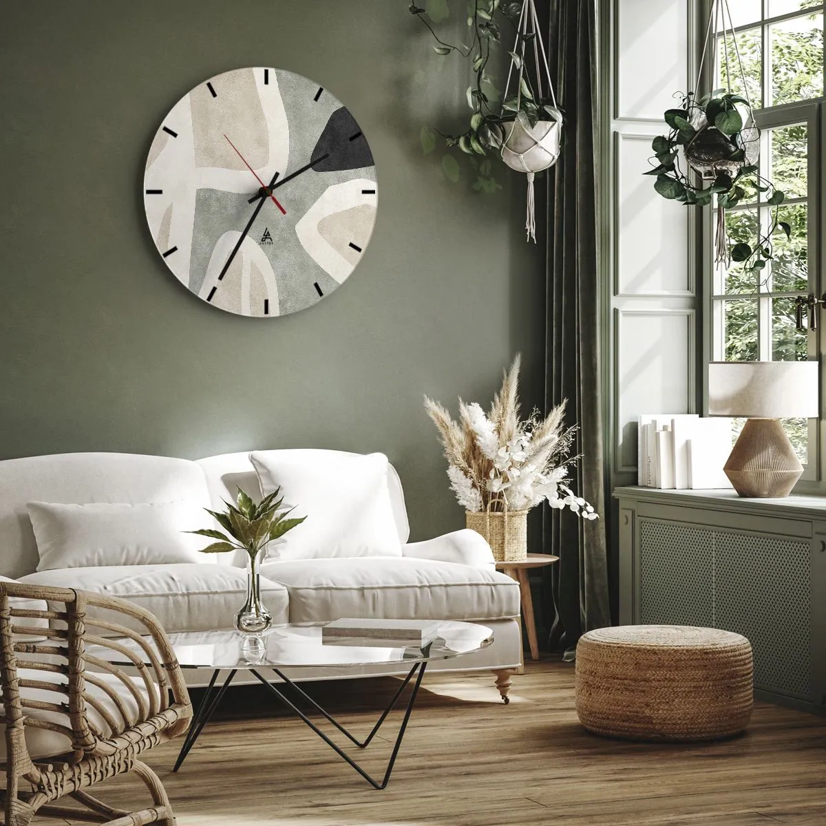 Wall clock - Clock on glass - Organic shapes in beige, black, and green on a light background - 30x30cm - Composition with a Black Motif - Modern wall decoration for the living room, kitchen, and bedroom ARTTOR