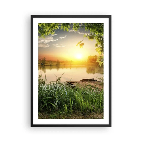Poster in black frame - Sunset over the lake with a pier - 50x70cm - Landscape in a Green Frame - Modern wall decoration for the living room and bedroom ARTTOR