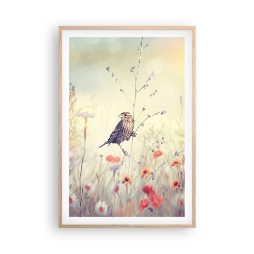 Poster in light oak frame - Bird Portrait with a Meadow in the Background - 61x91 cm