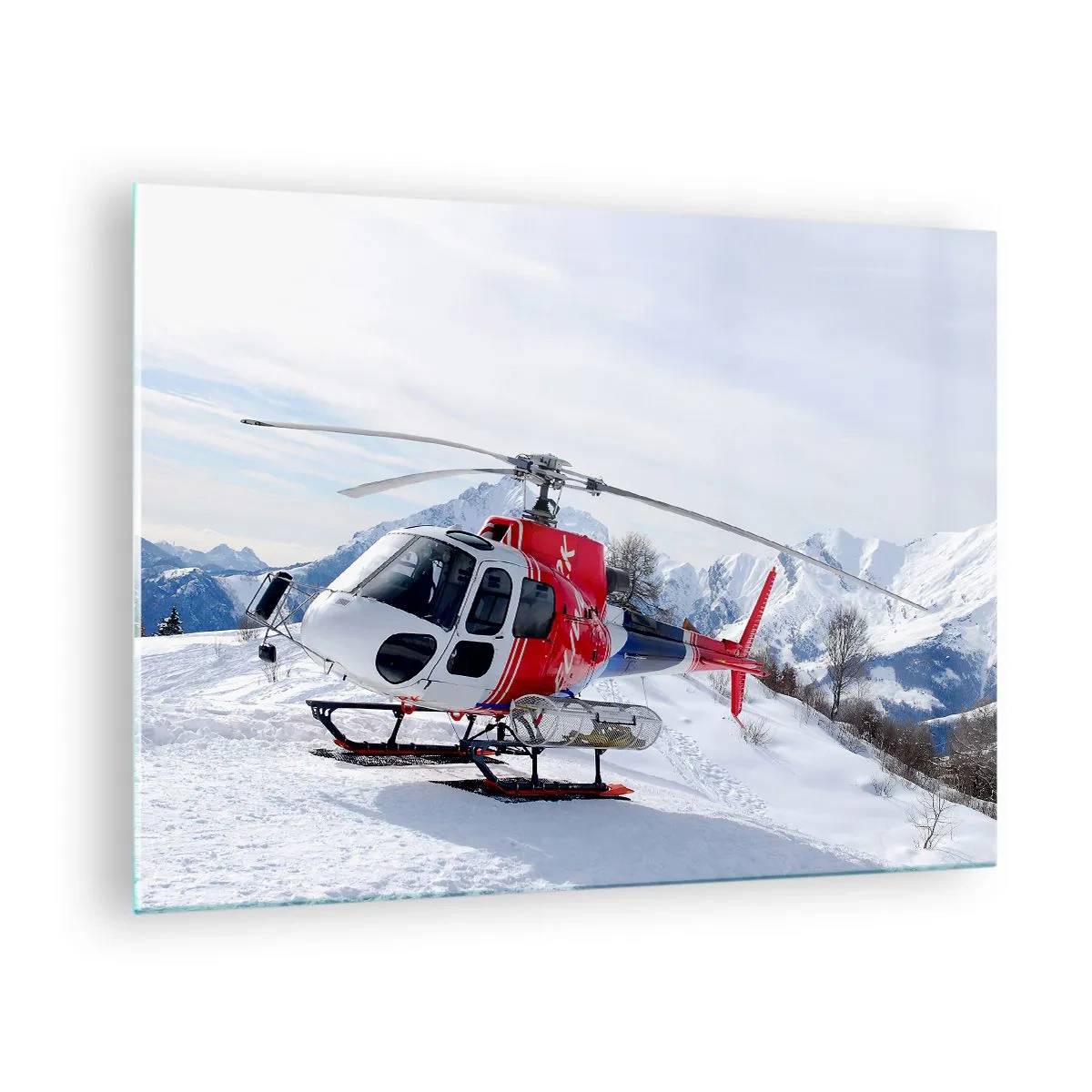 Glass picture - A red helicopter in a winter mountain scenery - 70x50cm - Always Ready - Modern wall decoration for the living room and bedroom ARTTOR
