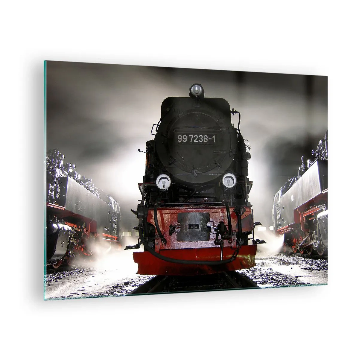 Glass picture - A steam locomotive surrounded by steam and light - 70x50cm - Standing and Wheezing, Panting and Blowing - Modern wall decoration for the living room and bedroom ARTTOR