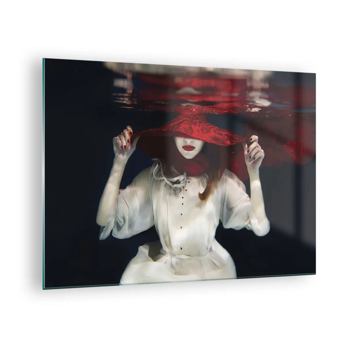 Glass picture - Woman in a red hat underwater - 70x50cm - Mysterious Woman - Modern wall decoration for the living room and bedroom ARTTOR