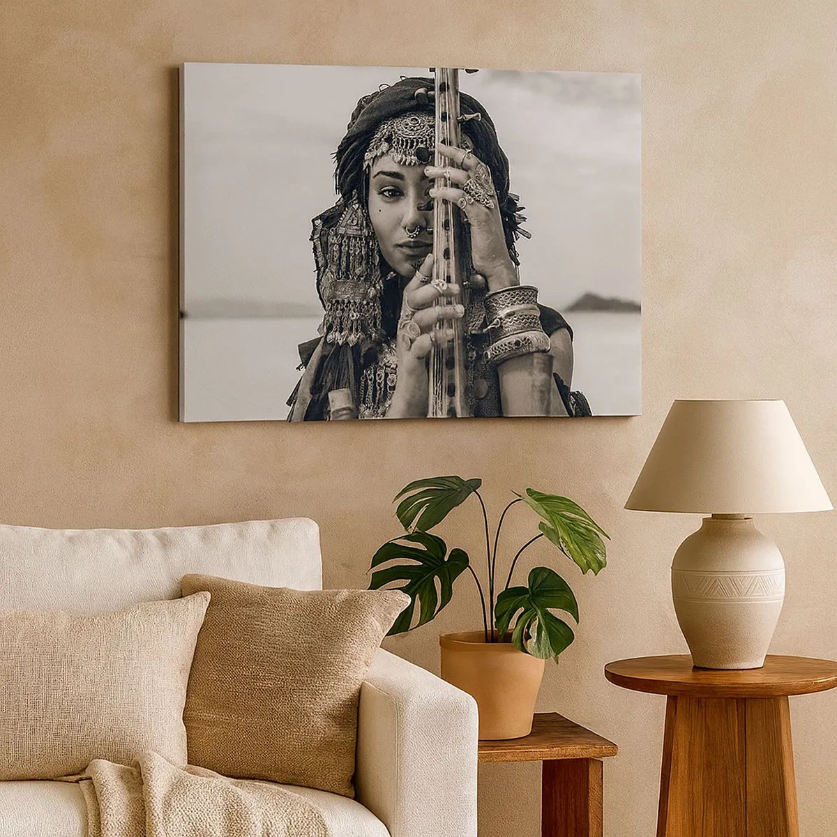 Canvas picture - Portrait of a woman in ethnic jewelry holding an instrument in her hand - 70x50cm - Only Music of the Orient - Modern wall decoration for the living room and bedroom ARTTOR