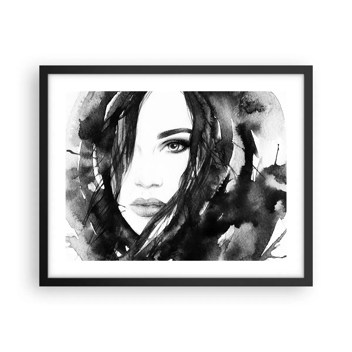 Poster in black frame - Portriat of a Lady in  Black and White - 50x40 cm