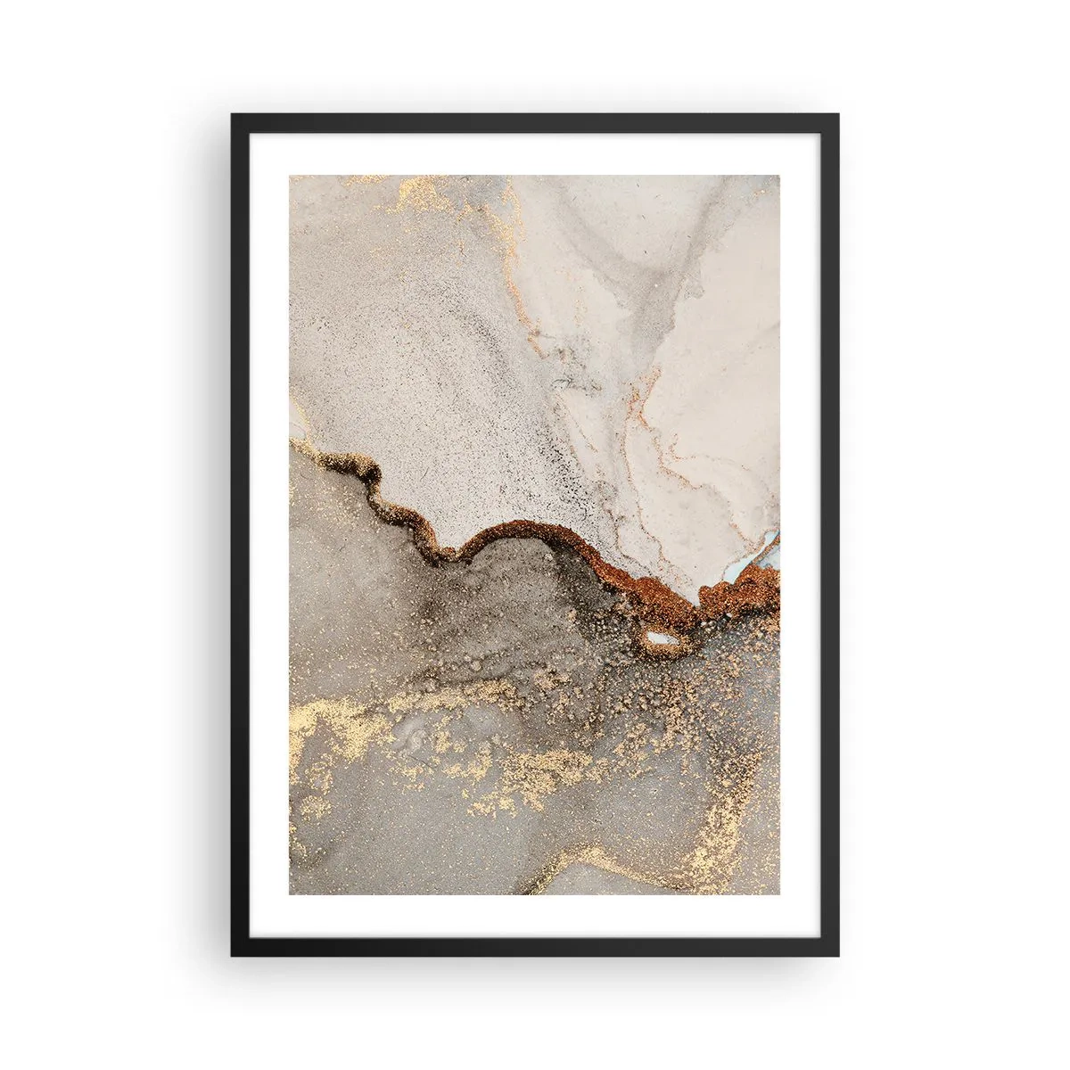 Poster in black frame - Abstract marble pattern with gold and copper accents - 50x70cm - On the Border of Colours - Modern wall decoration for the living room and bedroom ARTTOR