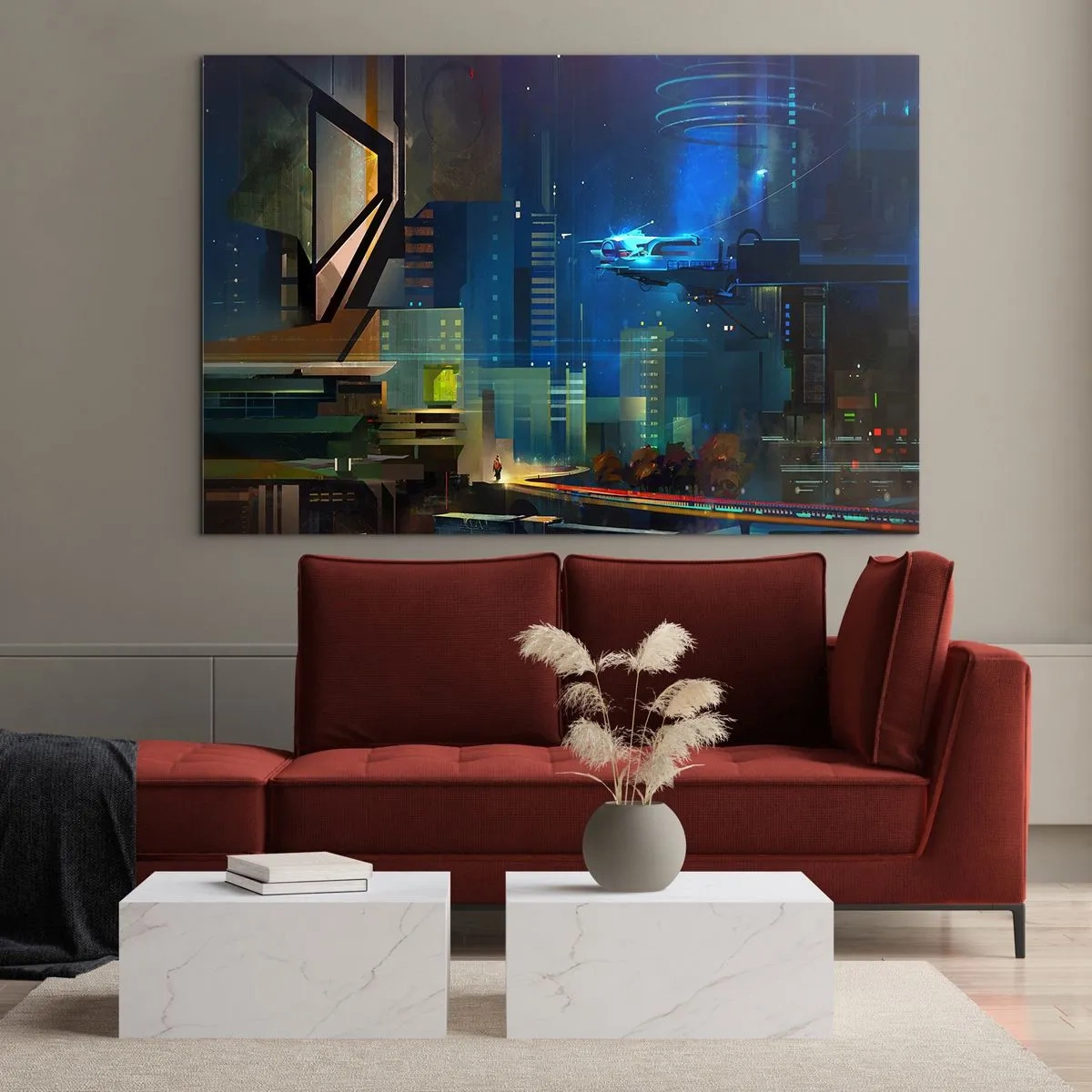 Glass picture - Futuristic city at night with neon lights and a flying vehicle - 70x50cm - In Near Future - Modern wall decoration for the living room and bedroom ARTTOR