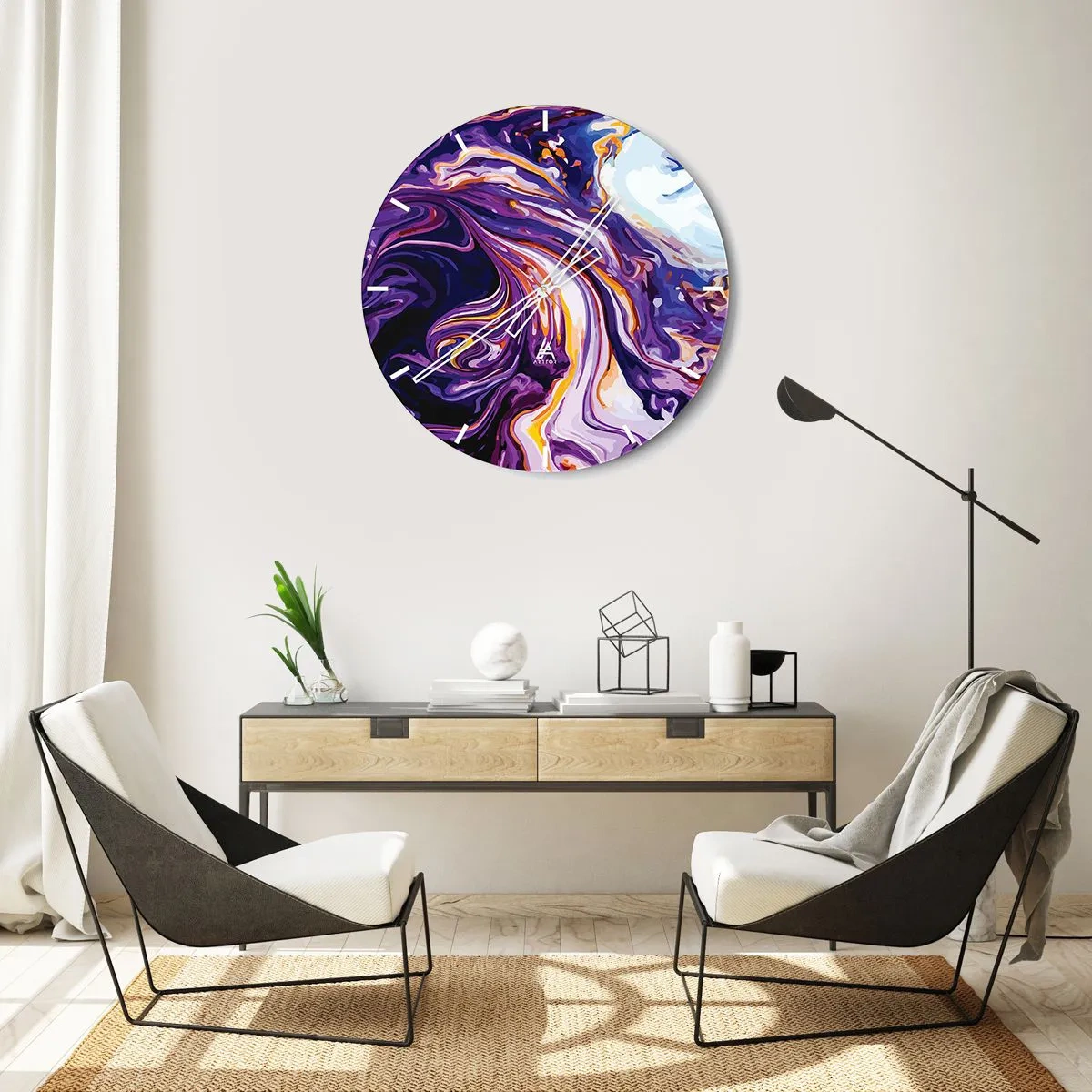 Wall clock - Clock on glass - Purple abstract swirls with bright accents - 30x30cm - Bending of Space in Purple - Modern wall decoration for the living room, kitchen, and bedroom ARTTOR