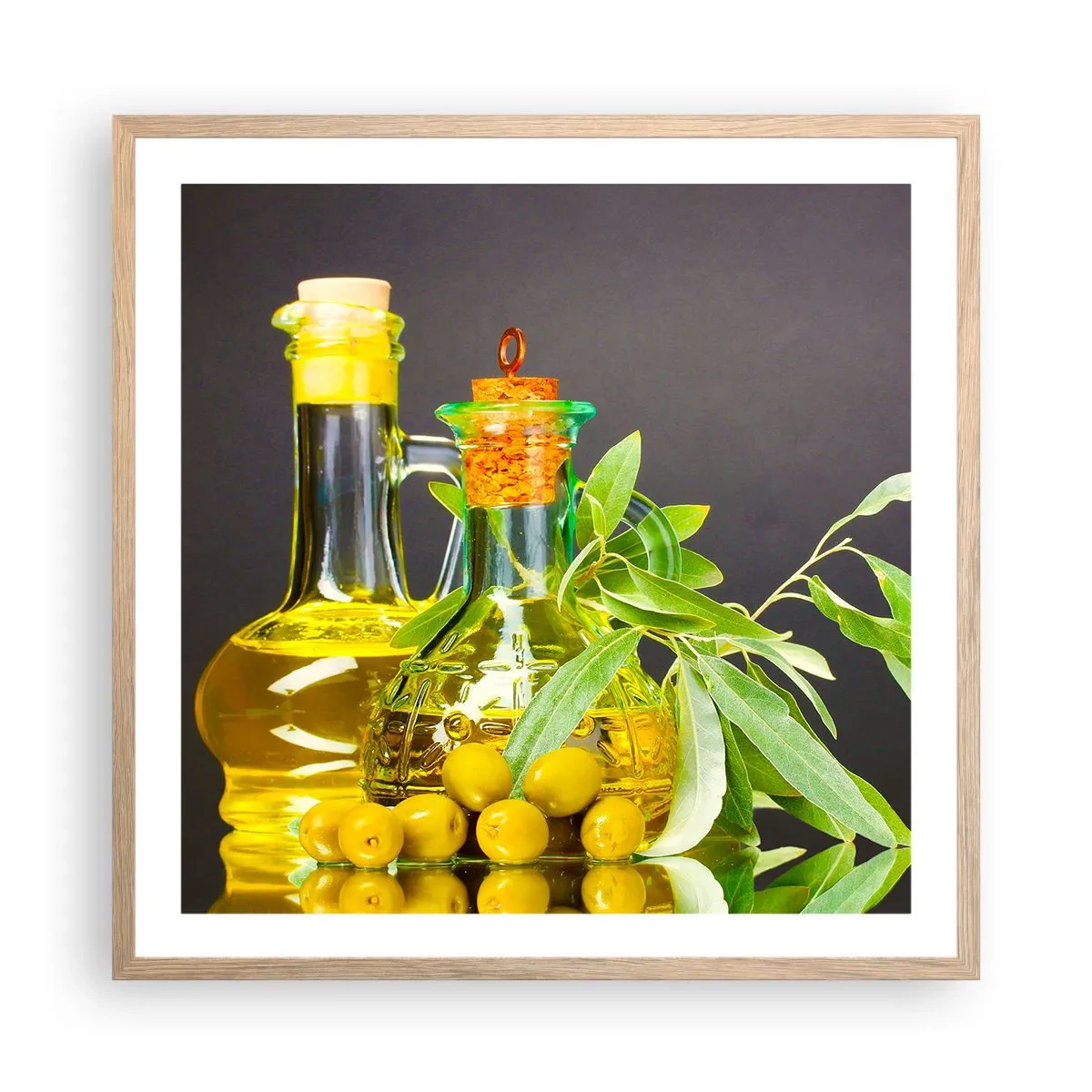 Poster in light oak frame - Still Life with Olives and Olive Oil - 60x60 cm