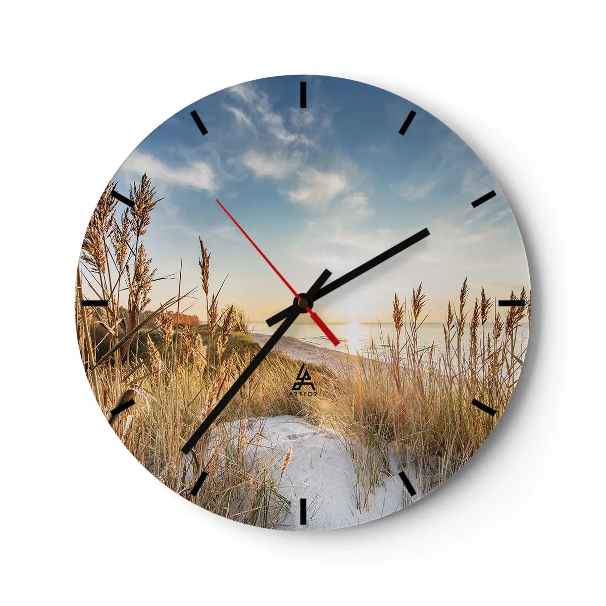 Wall clock - Clock on glass - sandy beach with grasses illuminated by the sun's rays - 30x30cm - Northern Beach - Modern wall decoration for the living room, kitchen, and bedroom ARTTOR