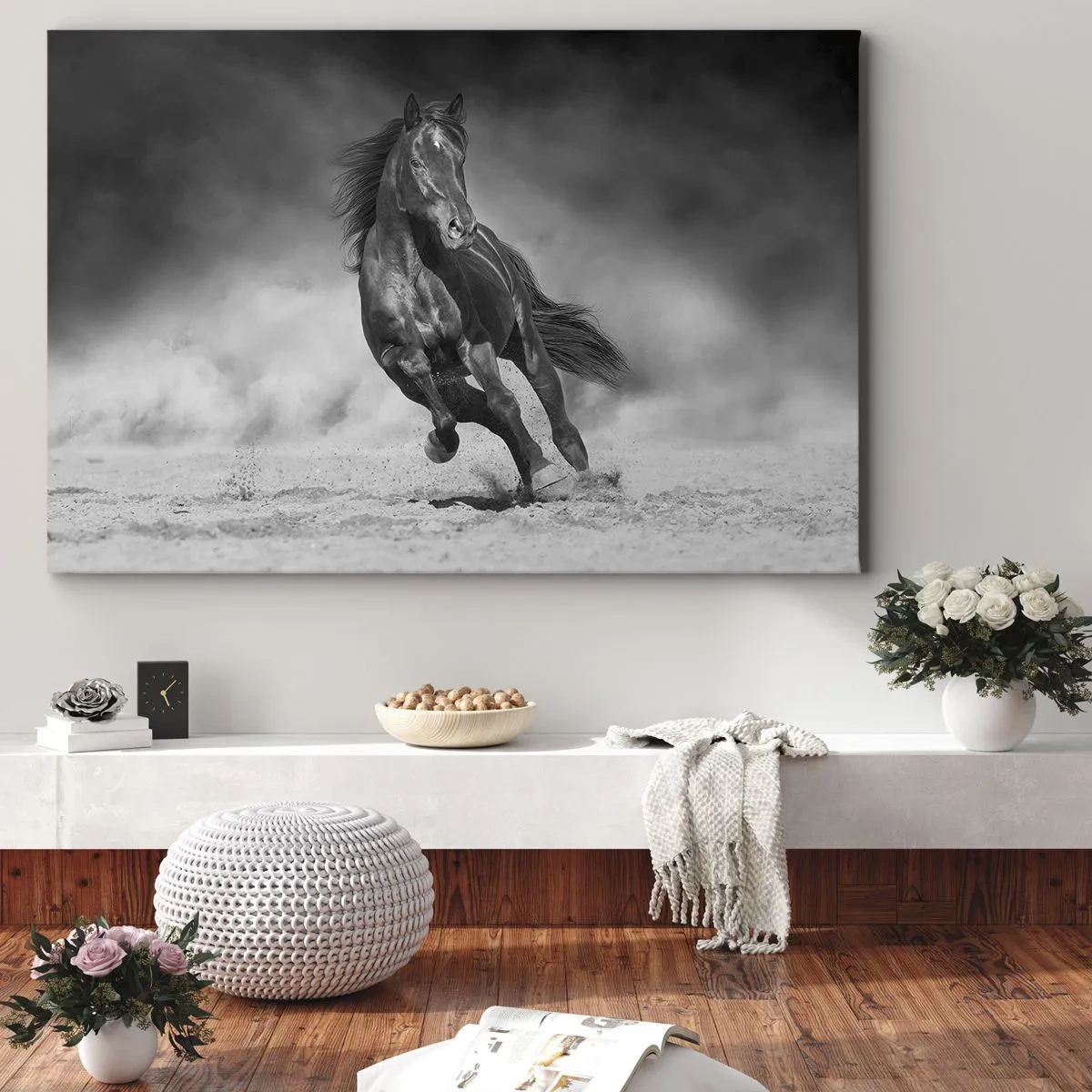 Canvas picture - A black and white horse galloping across the sand - 70x50cm - Worthy of Emir Himself - Modern wall decoration for the living room and bedroom ARTTOR