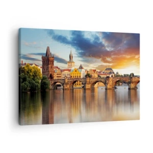 Canvas picture - The historic bridge over the river in the light of the setting sun - 70x50cm - Beautiful Prague - Modern wall decoration for the living room and bedroom ARTTOR