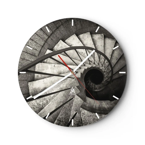 Wall clock - Clock on glass - Black and white spiral staircase with a downward view and geometric step layout - 30x30cm - Up the Stairs and Down the Stairs - Modern wall decoration for the living room, kitchen, and bedroom ARTTOR
