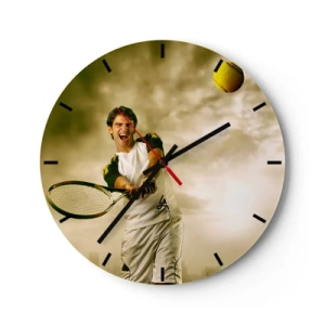 Wall clock - Clock on glass - A tennis player hitting the ball against a golden sky - 30x30cm - Energy And Joy - Modern wall decoration for the living room, kitchen, and bedroom ARTTOR