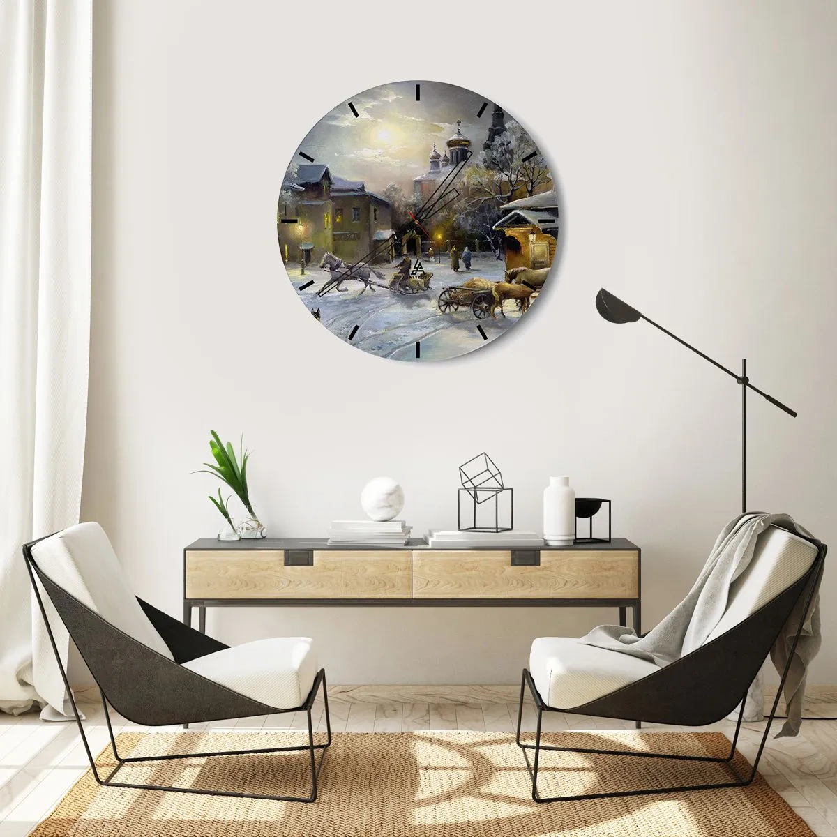 Wall clock - Clock on glass - Winter landscape with horses and a church in the background - 30x30cm - Magic of Russian Winter - Modern wall decoration for the living room, kitchen, and bedroom ARTTOR