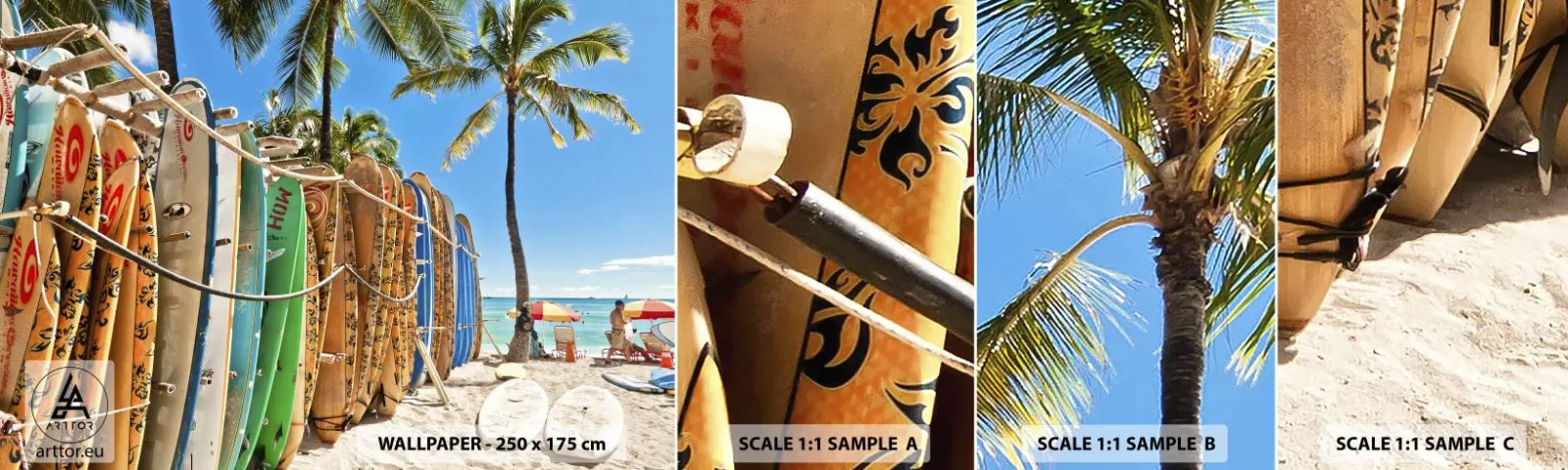 Photo Wallpaper Sample Self-Adhesive Deluxe Sticker - Sunny Fun - Landscape, Surfboard, Beach - 100x30 cm