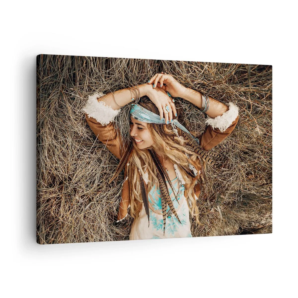 Canvas picture - Boho style woman lying on hay - 70x50cm - On the Way to the Summer of Love - Modern wall decoration for the living room and bedroom ARTTOR