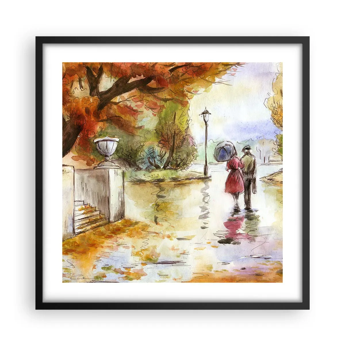 Poster in black frame - Romantic Autumn in a Park - 50x50 cm
