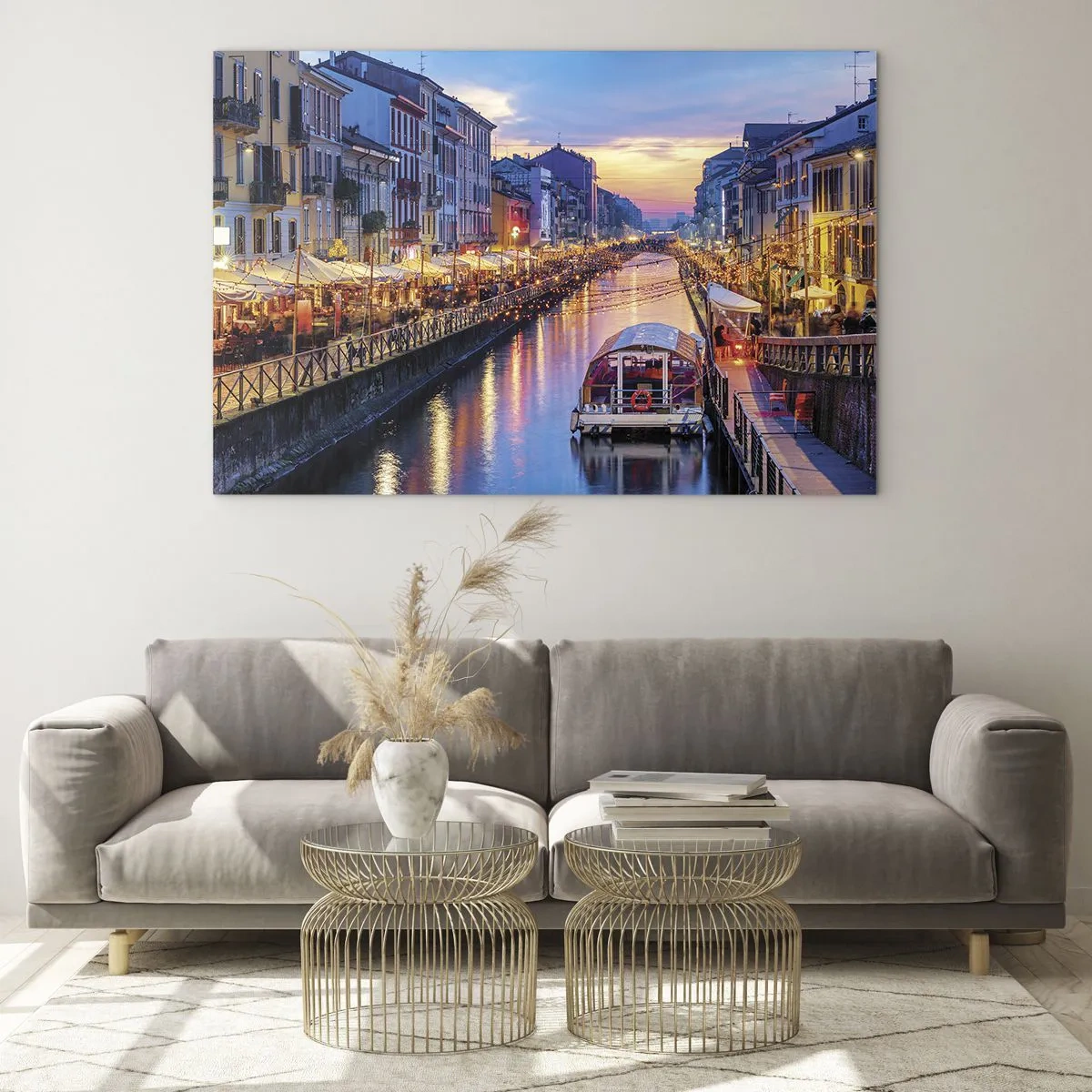 Glass picture - Evening view of the illuminated canal with boats and cafes - 70x50cm - Evening of Light and Fun - Modern wall decoration for the living room and bedroom ARTTOR