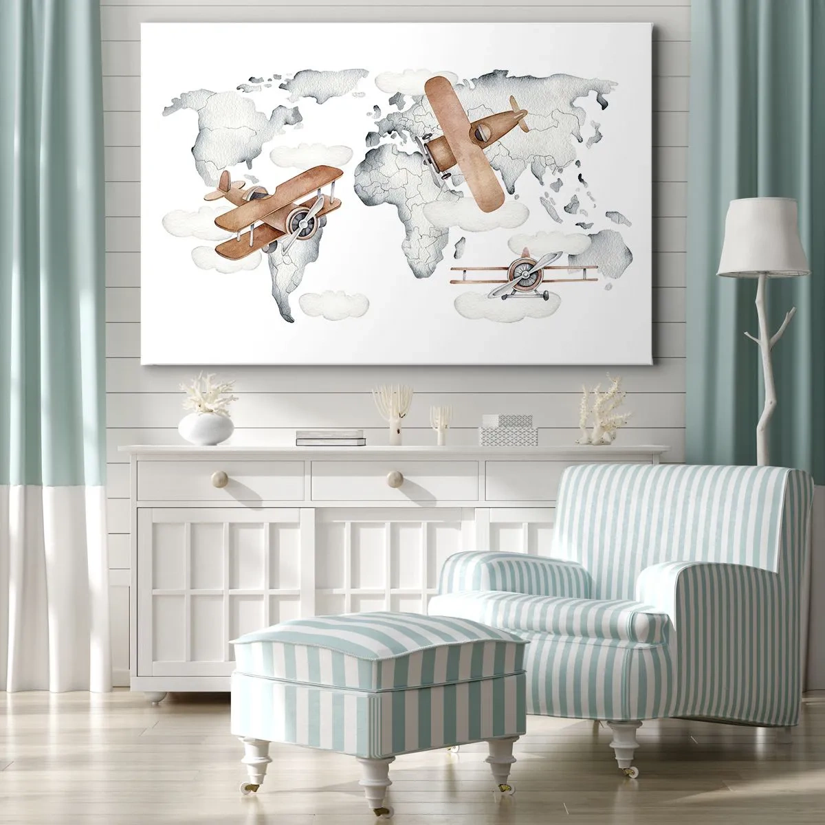 Canvas picture - Illustration of a world map with airplanes - 70x50cm - In a Pioneering Spirit - Modern wall decoration for the living room and bedroom ARTTOR