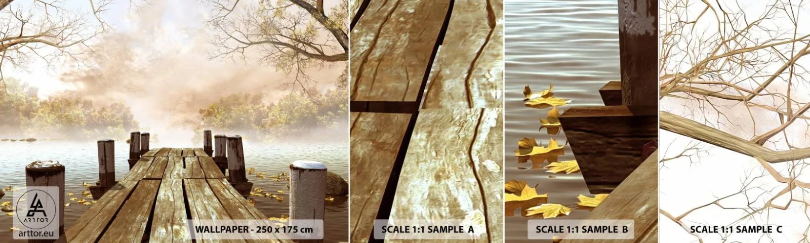 Photo Wallpaper Sample Self-Adhesive Deluxe Sticker - Gentle Sadness of Autumn - Landscape, Lake, Wooden Bridge - 100x30 cm