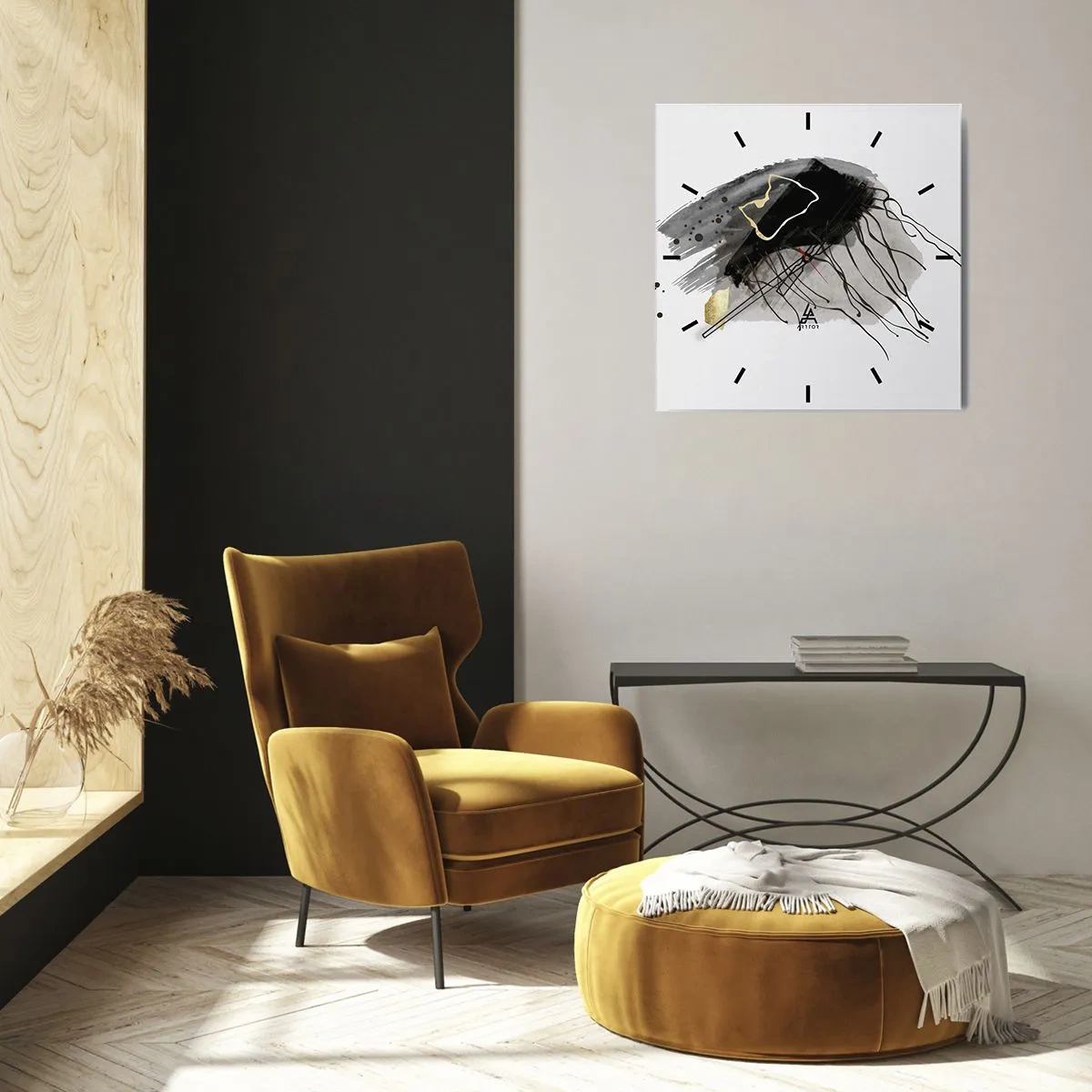 Wall clock - Clock on glass - In Black and Gold - 40x40 cm