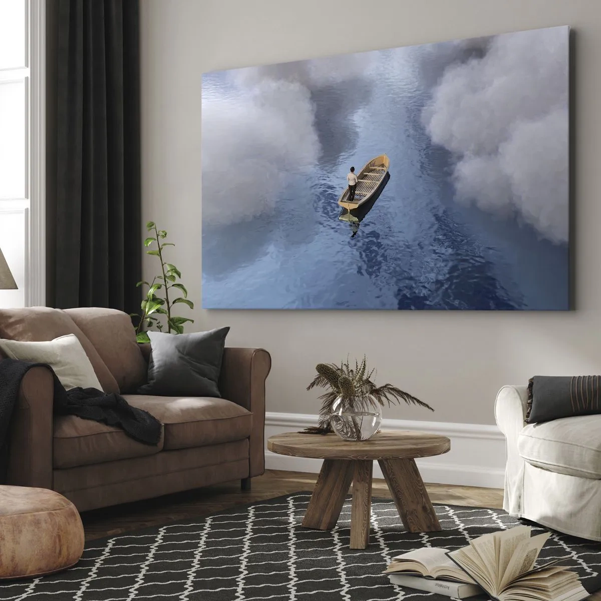 Canvas picture - A man in a boat on a calm sea surrounded by clouds - 70x50cm - Life - Travel - Unknown - Modern wall decoration for the living room and bedroom ARTTOR