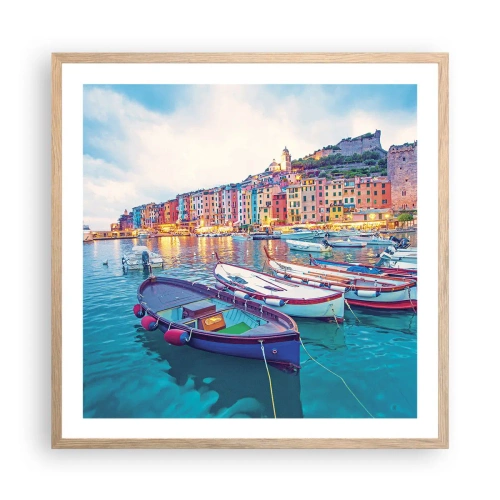 Poster in light oak frame - Colourful Evening in a Port - 60x60 cm
