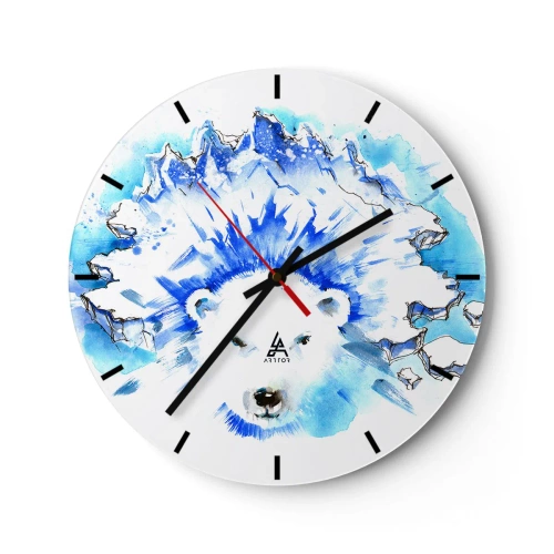 Wall clock - Clock on glass - A white bear with an icy crown in blue and white tones - 30x30cm - King of Arctica in Icy Crown - Modern wall decoration for the living room, kitchen, and bedroom ARTTOR