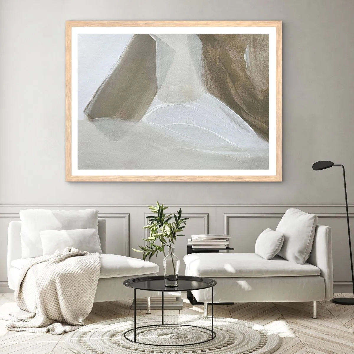 Poster in light oak frame - Waves of White - 91x61 cm