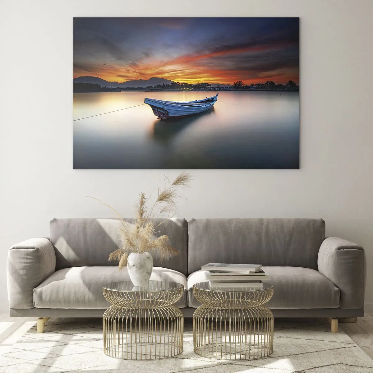 Glass picture - Wooden boat on the lake at sunset - 70x50cm - Here Comes a Good Night - Modern wall decoration for the living room and bedroom ARTTOR