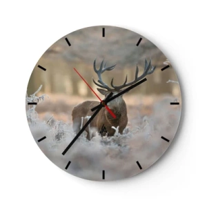 Wall clock - Clock on glass - A deer in a winter landscape with a frozen meadow in the background - 30x30cm - Chilly Morning - Modern wall decoration for the living room, kitchen, and bedroom ARTTOR
