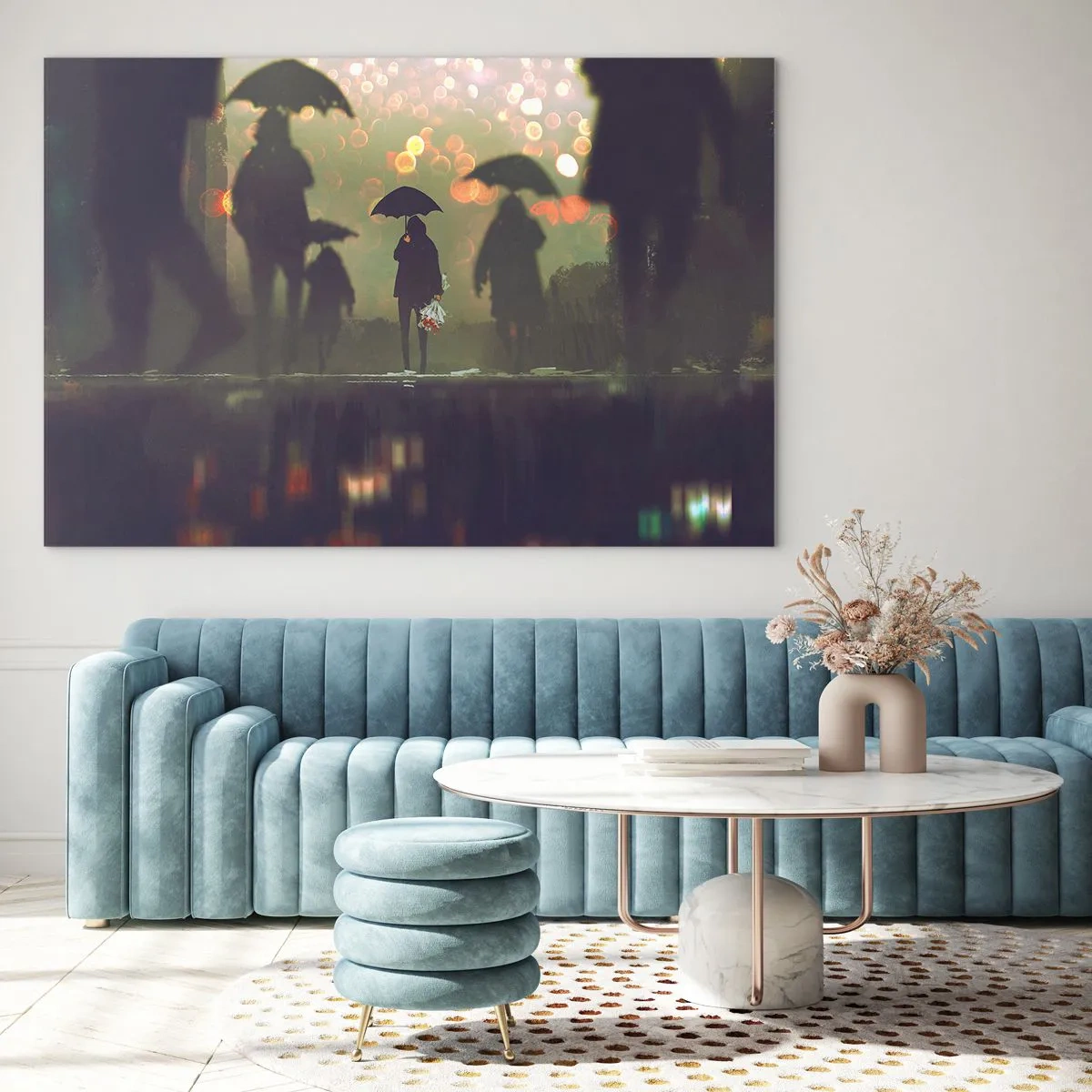 Glass picture - Figures with umbrellas in the rain against the backdrop of city lights - 70x50cm - From Perspective of a Raindrop - Modern wall decoration for the living room and bedroom ARTTOR
