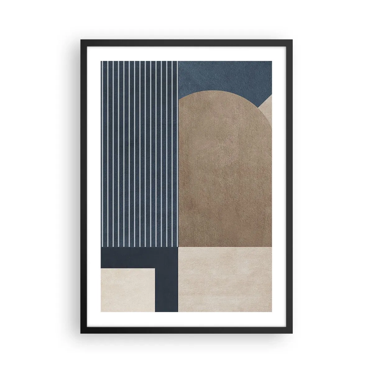 Poster in black frame - Abstract geometric composition in shades of navy blue and beige - 50x70cm - Composition of Simplicity and Curvature - Modern wall decoration for the living room and bedroom ARTTOR