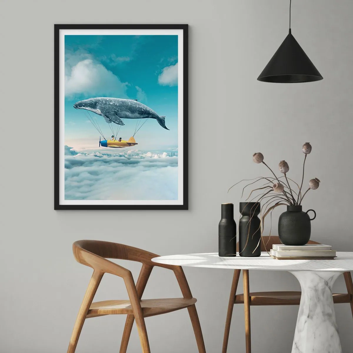 Poster in black frame - A fantastic image of a whale lifting a plane above the clouds. - 50x70cm - Why Not? - Modern wall decoration for the living room and bedroom ARTTOR