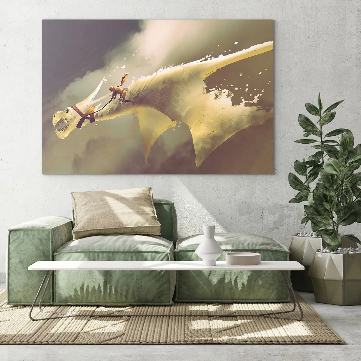 Glass picture - A figure on the back of a white dragon in a misty landscape - 70x50cm - To the Rescue of the World - Modern wall decoration for the living room and bedroom ARTTOR