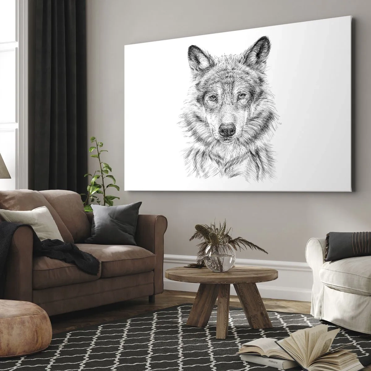 Canvas picture - Sketch of a wolf head in a monochrome style on a white background - 70x50cm - Born Leader - Modern wall decoration for the living room and bedroom ARTTOR