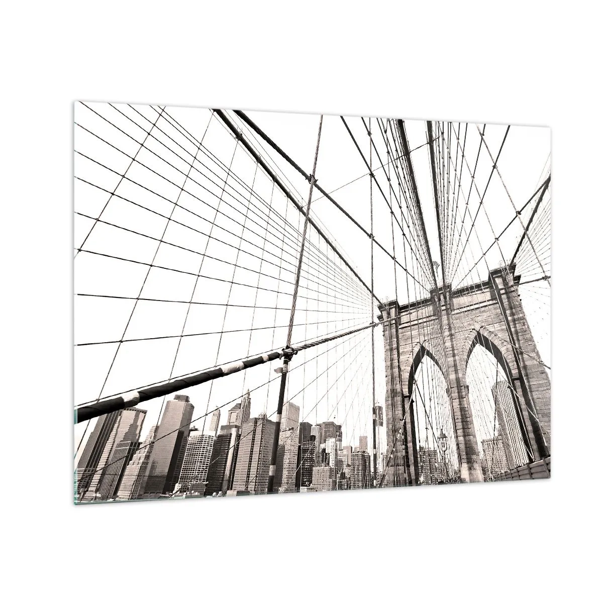 Glass picture - A suspension bridge with a city panorama in the background in sepia - 70x50cm - New York Cathedral - Modern wall decoration for the living room and bedroom ARTTOR